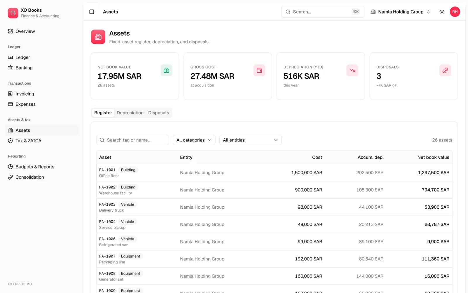 Hoot Finance — Fixed assets: product screenshot